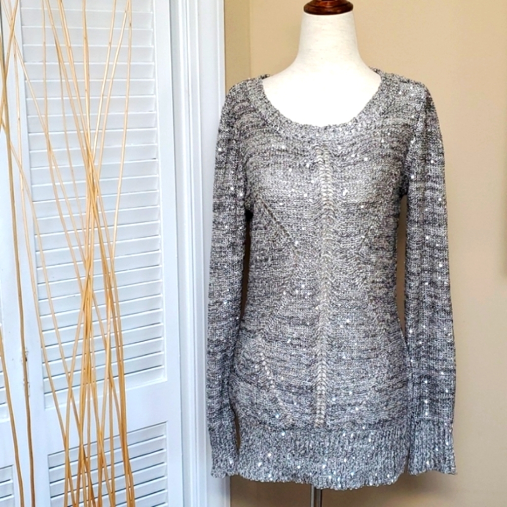 Belldini Size M Silver And Grey Pullover Sequin Knit Sweater